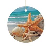 Christmas Ceramic Ornament 2.9 Inch - Double-Sided Round Xmas Tree Decor, Starfish Seashell Beach Ornament for Xmas Home Decor, Lightweight & Fade-Resistant
