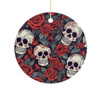 Christmas Ceramic Ornament 2.9 Inch - Double-Sided Round Xmas Tree Decor, Sugar Skulls and Red Roses Ornament for Xmas Home Decor, Lightweight & Fade-Resistant