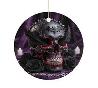 Christmas Ceramic Ornament 2.9 Inch - Double-Sided Round Xmas Tree Decor, Sugar Skulls Print Ornament for Xmas Home Decor, Lightweight & Fade-Resistant