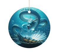 Christmas Ceramic Ornament 2.9 Inch - Double-Sided Round Xmas Tree Decor, The Dragon King Ornament for Xmas Home Decor, Lightweight & Fade-Resistant