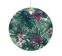 Christmas Ceramic Ornament 2.9 Inch - Double-Sided Round Xmas Tree Decor, Tropical Leaves Ornament for Xmas Home Decor, Lightweight & Fade-Resistant