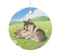 Christmas Ceramic Ornament 2.9 Inch - Double-Sided Round Xmas Tree Decor, Two Wolf Hug Ornament for Xmas Home Decor, Lightweight & Fade-Resistant