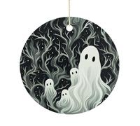 Christmas Ceramic Ornament 2.9 Inch - Double-Sided Round Xmas Tree Decor, White Patterned Ghost Ornament for Xmas Home Decor, Lightweight & Fade-Resistant