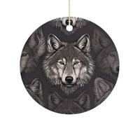 Christmas Ceramic Ornament 2.9 Inch - Double-Sided Round Xmas Tree Decor, Wolf Head Pattern Ornament for Xmas Home Decor, Lightweight & Fade-Resistant