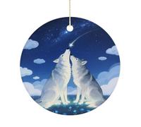 Christmas Ceramic Ornament 2.9 Inch - Double-Sided Round Xmas Tree Decor, Wolf in The Dark Ornament for Xmas Home Decor, Lightweight & Fade-Resistant
