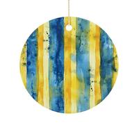 Christmas Ceramic Ornament 2.9 Inch - Double-Sided Round Xmas Tree Decor, Yellow and Blue Pattern Ornament for Xmas Home Decor, Lightweight & Fade-Resistant