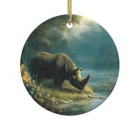 Christmas Ceramic Round Pendant HHGFASD Rhino on the river bank Pattern Festive Tree Hanging Decoration