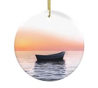 Christmas Ceramic Round Pendant HHGFASD Sailing boat under the setting sun Pattern Festive Tree Hanging Decoration