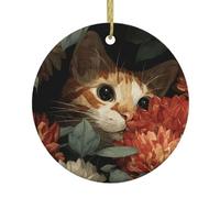 Christmas Ceramic Round Pendant HHGFASD The kitten in the flower bed Pattern Festive Tree Hanging Decoration
