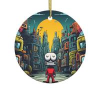 Christmas Ceramic Round Pendant HHGFASD The mechanical city with red figures Pattern Festive Tree Hanging Decoration