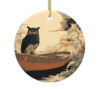 Christmas Ceramic Round Pendant HHGFASD The owl on the small boat Pattern Festive Tree Hanging Decoration
