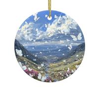 Christmas Ceramic Round Pendant HHGFASD White butterfly in the valley Pattern Festive Tree Hanging Decoration