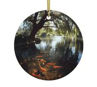 Christmas Ceramic Round Pendant VVXBHGR Goldfish under the willow tree Prints Festive Tree Hanging Decoration