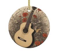 Christmas Ceramic Round Pendant VVXBHGR Guitar in the flowers Prints Festive Tree Hanging Decoration