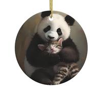Christmas Ceramic Round Pendant VVXBHGR Hugging bear and kitten Prints Festive Tree Hanging Decoration