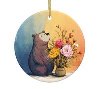 Christmas Ceramic Round Pendant VVXBHGR Little bear next to the bouquet Prints Festive Tree Hanging Decoration