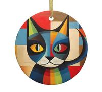 Christmas Ceramic Round Pendant VVXBHGR Modern Art Cat Prints Festive Tree Hanging Decoration