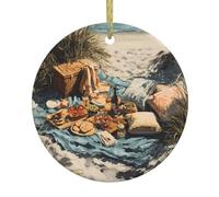 Christmas Ceramic Round Pendant VVXBHGR Picnic by the sea Prints Festive Tree Hanging Decoration