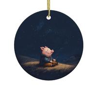 Christmas Ceramic Round Pendant VVXBHGR Pig in the starry sky Prints Festive Tree Hanging Decoration