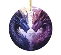 Christmas Ceramic Round Pendant VVXBHGR purple and wirte dragons Prints Festive Tree Hanging Decoration