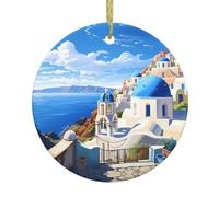 Christmas Ceramic Round Pendant VVXBHGR Santorini Greek Island sea View Prints Festive Tree Hanging Decoration