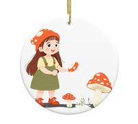 Christmas Ceramic Round Pendant VVXBHGR The little girl picking mushrooms Prints Festive Tree Hanging Decoration