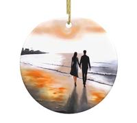 Christmas Ceramic Round Pendant VVXBHGR Walking in the sunset with hands Prints Festive Tree Hanging Decoration
