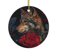 Christmas Ceramic Round Pendant VVXBHGR Wolf among the red roses Prints Festive Tree Hanging Decoration