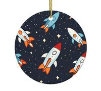 Christmas Ceramic Round Pendant YTUOPWE Cartoon rocket launch direction Picture Festive Tree Hanging Decoration