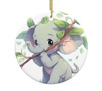 Christmas Ceramic Round Pendant YTUOPWE Little elephant holding a branch Picture Festive Tree Hanging Decoration
