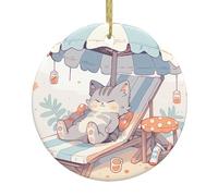 Christmas Ceramic Round Pendant YTUOPWE Little gray cat basking in the sun Picture Festive Tree Hanging Decoration
