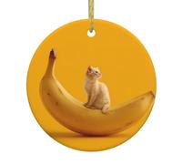 Christmas Ceramic Round Pendant YTUOPWE The kitten on the banana Picture Festive Tree Hanging Decoration