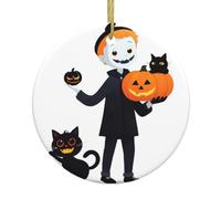 Christmas Ceramic Round Pendants YYHWHJDE The Black cat Ghost Behind The Little boy Printing are Smooth and Delicate for Holiday Decoration Party Dance and storefront