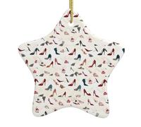 Christmas Ceramic Star Pendant-Decorated With Five-Pointed Stars Printed On Both Sides, White Porcelain Christmas Day Atmosphere Decoration Souvenir (With Gold Lanyard)