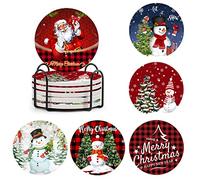 Christmas Ceramics Coasters Set of 6 with Holder, Xmas Tree Santa Claus Snowman Art, Rustic Round Coasters with Cork Base, Party Pack (6Pcs + Iron Holder)