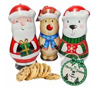 Christmas Character Shortbread Biscuit Tin - Randomly Selected 1 x 135g Santa, Reindeer or Polar Beer Tins Filled Choc Chip Cookies & Topline Tree Ornament. Great for Christmas Gifts, Stocking Fillers