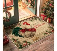 Christmas Chicken Doormat, Green and Red Rooster Welcome Mat for Indoor & Outdoor Holiday Decor, Rubber Non-Slip Absorbent Front Door Mats, Easy Clean 29x17 Inch