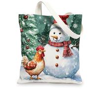 Christmas Chickens Chick Canvas Tote Bag for Shopping 13 * 15, Xmas Snowmen Tree Reusable Grocery Bag for Women, Animal Work Travel Pattern Gift Decor
