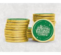 Christmas Chocolate Coins & Sticker Party Favors - Kids Party Bag Fillers Festive Holiday Treats - Santa gifts Stocking fillers - Merry Christmas Green Sparkle - Coin 10