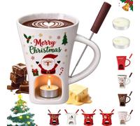 Christmas Chocolate Fondue Mug, Ceramic Melty Mug with Fork & Candle | Air Circulation Personal Cheese and Butter Melting Cup for Christmas Gifts, Birthday Party, Wedding(F)