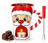 Christmas Chocolate Melting Cup with Forks & 6 Candles - 130ml Ceramic Fondue Cup with Tea Light, Individual Single Serve Fondue Mug 3.27 x 4.33 in, Gift Ready (B)