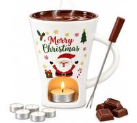 Christmas Chocolate Melting Cup with Forks & 6 Candles - 130ml Ceramic Fondue Cup with Tea Light, Individual Single Serve Fondue Mug 3.27 x 4.33 in, Gift Ready (D)