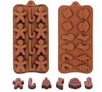 Christmas Chocolate Moulds Set,2 PCS Silicone Baking Chocolate Jelly Molds with Shapes of Snowman,Tree,Socks,Gift Box,Gingerbread Man,Candy Cane for Xmas Cake Decoration