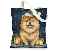 Christmas Chow Chow Dog Canvas Tote Bag for Shopping 13 * 15, Cute Xmas Stars Reusable Grocery Bag for Women, Pet Work Travel Pattern Gift Decor