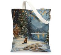 Christmas Chow Chow Dog Canvas Tote Bag for Shopping 13 * 15, Xmas Snowy Scene Reusable Grocery Bag for Women, Pet Travel Pattern Gift Decoration