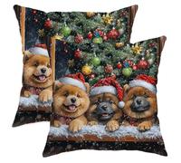 Christmas Chow Chow Dog Pillow Cases with Zipper, Soft Breathable Winter Farmhouse Xmas Puppy Print Throw Pillow Covers 18x18 Set of 2, Happy New Year Velvet Decoration for Couch Room