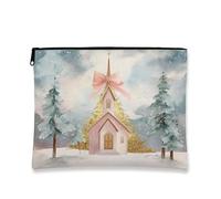 Christmas Church Cosmetic Bag, Winter Floral Makeup Pouch for Women, Portable Canvas Zipper Organizer, Peach, 7x9 Inch, Church