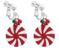 Christmas Clip on Dangle Earrings for Women, Non Pierced, Cute Long Chain Bow Knot Red Green Jingle Bell Drop Holiday Jewelry, Zinc, No Gemstone