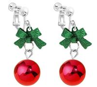 Christmas Clip on Dangle Earrings for Women, Non Pierced, Cute Long Chain Bow Knot Red Green Jingle Bell Drop Holiday Jewelry, Zinc, No Gemstone