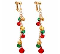 Christmas Clip On Earrings for Women, Non-Pierced, Red Green Snowflake Jingle Bell Cane Knot Dangle, Colorful Festival Party Jewelry, Holiday Drop Earrings, Zinc, No Gemstone